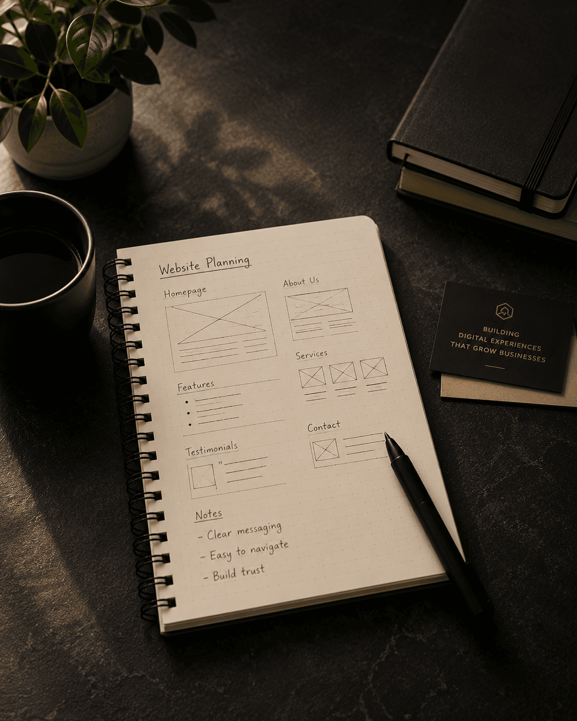 Website planning notebook on a desk with wireframe sketches